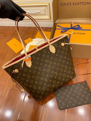 Tas Monogram Louis Vuitton Desainer Monogram Merah Muda Kanvas Neverfull Mm Kulit Kelas A Italia