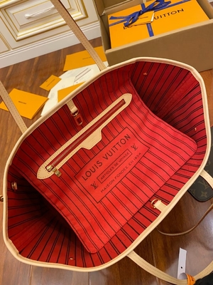 Tas Monogram Louis Vuitton Desainer Monogram Merah Muda Kanvas Neverfull Mm Kulit Kelas A Italia