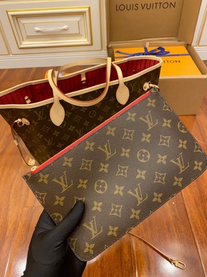 Tas Monogram Louis Vuitton Desainer Monogram Merah Muda Kanvas Neverfull Mm Kulit Kelas A Italia
