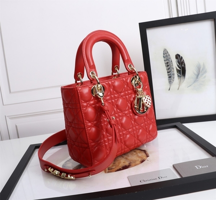 Tas Bahu Lady Red Lambskin My Abcdior Dior Cannage D6806