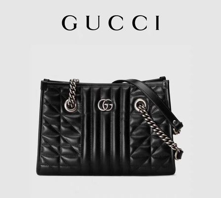 Tote Kulit Hitam Bermerek GG Marmont Medium Matelassé Bermerek Kustom