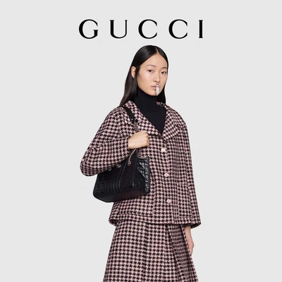 Tote Kulit Hitam Bermerek GG Marmont Medium Matelassé Bermerek Kustom