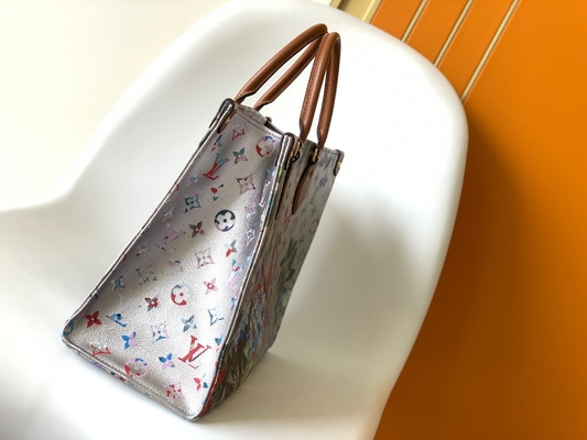Tas Selempang Mini OnTheGo MM Branded M81724 Pola Floral Kanvas Dilapisi Perak