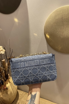 Dompet Desainer Mini Bordir Dior Caro Denim Kecil