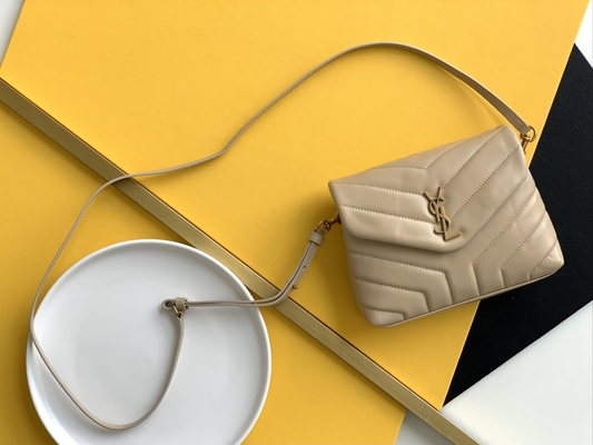 YSL Saint Laurent Ladies Cassandra Chain Shoulder Bag Kanvas Katun Dan Kulit Anak Sapi Cokelat Karamel
