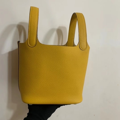 Tas Tangan Wanita Bermerek Hermes Jaune Ambre Picotin Lock PM Clemence Leather Soleil