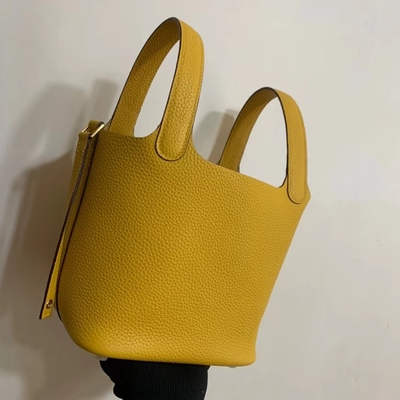 Tas Tangan Wanita Bermerek Hermes Jaune Ambre Picotin Lock PM Clemence Leather Soleil
