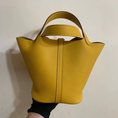 Tas Tangan Wanita Bermerek Hermes Jaune Ambre Picotin Lock PM Clemence Leather Soleil