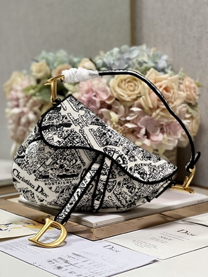 Wanita Bordir Dior Saddle Sling Bag Patchwork 25cm Dengan 3 Kantong Interior