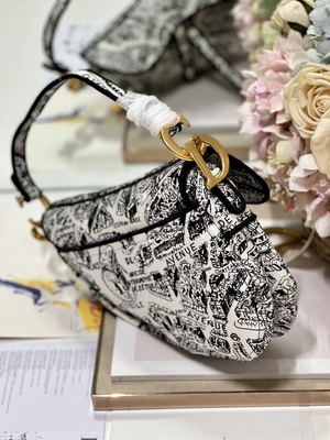 Wanita Bordir Dior Saddle Sling Bag Patchwork 25cm Dengan 3 Kantong Interior