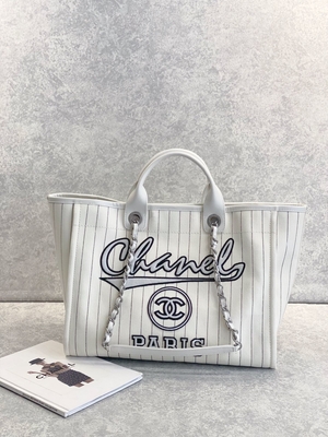 30cm 23P Chanel Deauville Tote Bag Putih Ecru Garis Hitam