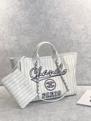 30cm 23P Chanel Deauville Tote Bag Putih Ecru Garis Hitam