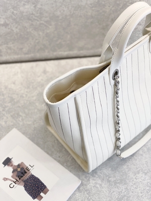 30cm 23P Chanel Deauville Tote Bag Putih Ecru Garis Hitam