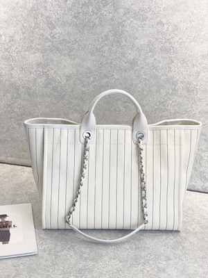 30cm 23P Chanel Deauville Tote Bag Putih Ecru Garis Hitam
