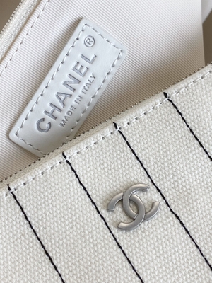 30cm 23P Chanel Deauville Tote Bag Putih Ecru Garis Hitam
