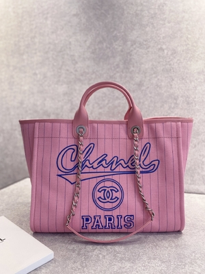 30cm 23P Chanel Deauville Tote Bag Putih Ecru Garis Hitam