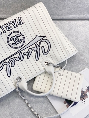 30cm 23P Chanel Deauville Tote Bag Putih Ecru Garis Hitam