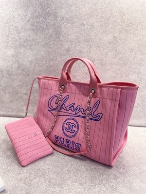 30cm 23P Chanel Deauville Tote Bag Putih Ecru Garis Hitam