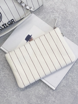 30cm 23P Chanel Deauville Tote Bag Putih Ecru Garis Hitam