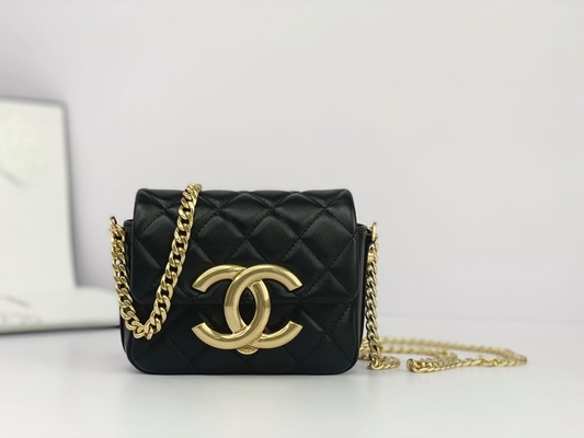 Tas Messenger Bermerek Kulit Domba Hitam Chanel Flap Phone Holder
