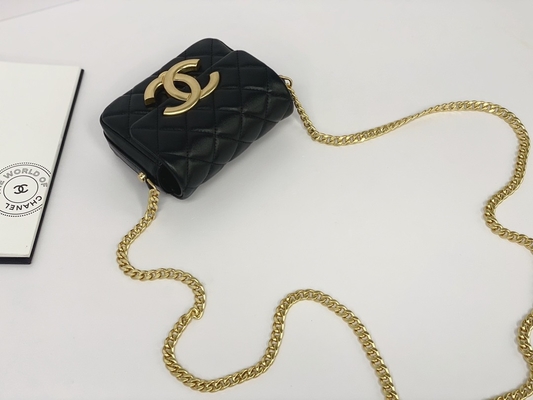 Tas Messenger Bermerek Kulit Domba Hitam Chanel Flap Phone Holder