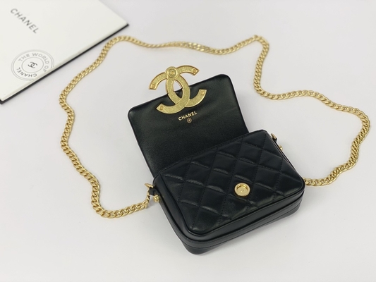 Tas Messenger Bermerek Kulit Domba Hitam Chanel Flap Phone Holder