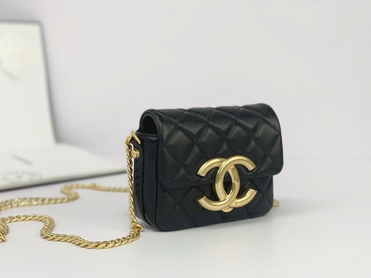 Tas Messenger Bermerek Kulit Domba Hitam Chanel Flap Phone Holder