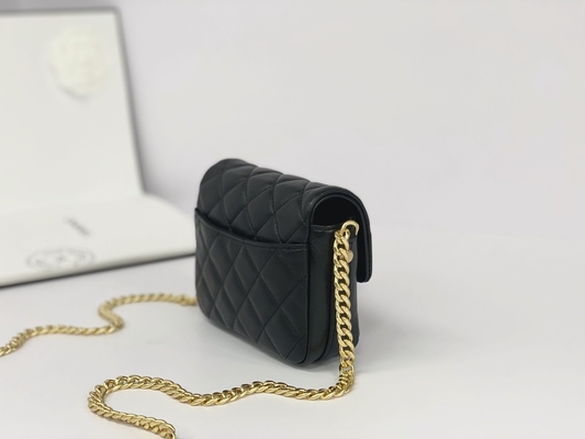 Tas Messenger Bermerek Kulit Domba Hitam Chanel Flap Phone Holder