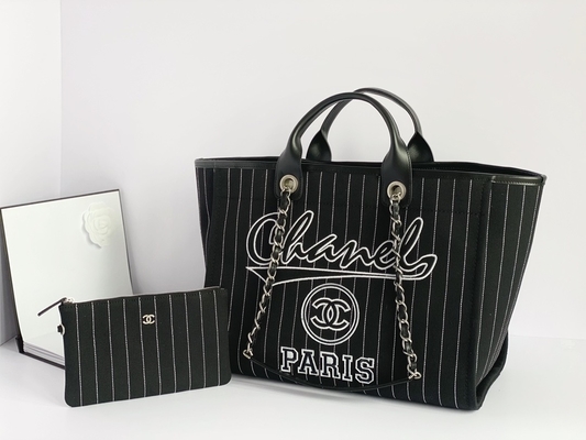 Tas Branded Kustom Besar Bahan Katun Calfskin Chanel 2.55 Handbag Metalblack And White